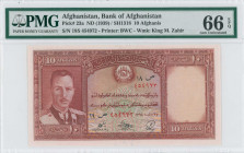 AFGHANISTAN: 10 Afghanis [SH1318 (1939)] in dark red on multicolor unpt. Portrait of King Muhammad Zahir (first portrait) at left on face. S/N: "18S 4...