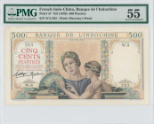 FRENCH INDO-CHINA: 500 Piastres (ND 1939) in multicolor. Woman and child examining globe on face. S/N: "W.8 283". WMK: Mercury head. Inside holder by ...