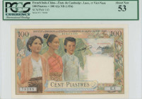 FRENCH INDO-CHINA: 100 Piastres (=100 Kip) (ND 1954) in multicolor. Three women at left representing Cambodia, Laos and Vietnam on face. S/N: "E.1 782...