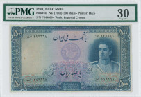 IRAN: 500 Rials (ND 1944) in dark blue and purple. Shah Pahlavi in army uniform (first portrait) at right on face. S/N: "F 449668". WMK: Imperial crow...