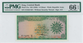 IRAQ: 1/4 Dinar (ND 1959) in green on multicolor unpt. Republic arms with 1958 at right on face. S/N: "312422 B/5". WMK: Republic Arms. Signature #13 ...