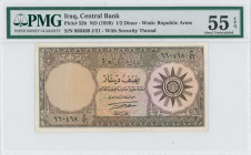 IRAQ: 1/2 Dinar (ND 1959) in brown on multicolor unpt. Republic arms with 1958 at right on face. S/N: "6604868 J/21". WMK: Republic Arms. Signature #1...