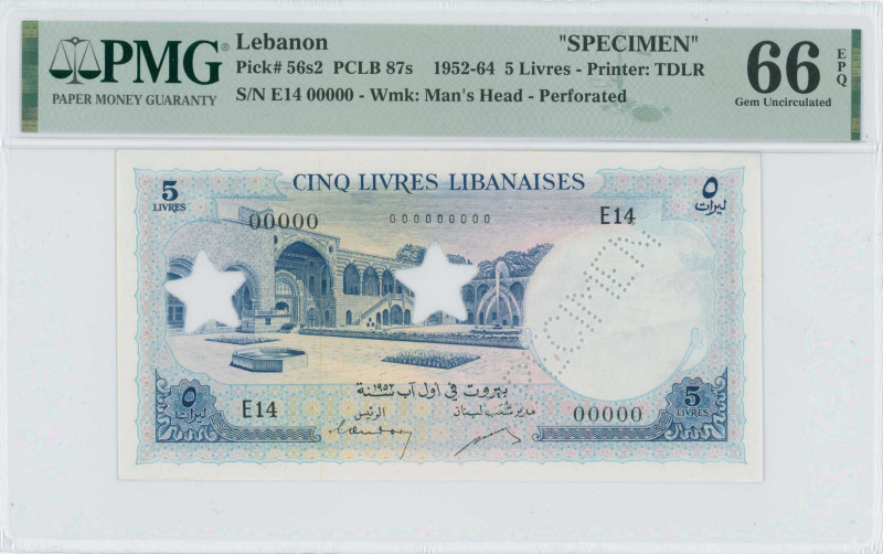 LEBANON: Specimen of 5 Livres (1952) in blue on multicolor unpt. Courtyard of th...