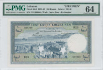 LEBANON: Specimen of 100 Livres (1952) in blue on multicolor unpt. View of Beirut and harbor on face. S/N: "D23 00000". Perfin: "SPECIMEN". Star punch...