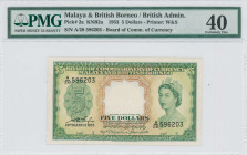 MALAYA & BRITISH BORNEO: 5 Dollars (21.3.1953) in green on brown and multicolor unpt. Queen Elizabeth II at right on face. S/N: "A/28 596203". WMK: Ti...