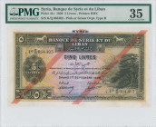 SYRIA: 5 Livres (1.9.1939) in brown and multicolor. Cedar at right on face. S/N: "K/Q 064403". Pink or green ovpt type B. Printed by BWC. Inside holde...