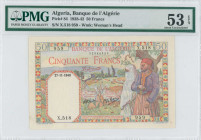 ALGERIA: 50 Francs (27.11.1940) in multicolor. Veiled woman and man with fez at right on face. S/N: "X.518 959". WMK: Woman head. Inside holder by PMG...