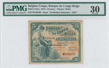 BELGIAN CONGO: 5 Francs (10.1.1943) in blue-gray on orange unpt. Woman seated with child by beehive at left on face. S/N: "H 749188". Black ovpt "TROI...