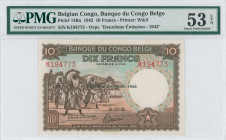 BELGIAN CONGO: 10 Francs (10.7.1942) in brown on green and pink unpt. Dancing Watusi at left on face. S/N: "K 194773". Black ovpt "DEUXIEME EMISSION-1...