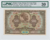 BELGIAN CONGO: 500 Francs (ND 1941) in brown, yellow and blue. Portrait of woman at upper center on face. S/N: "2 037607". Without "EMISSION" ovpt. Pr...
