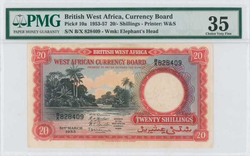 BRITISH WEST AFRICA: 20 Shillings (31.3.1953) in black and red. Niger river scen...