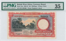 BRITISH WEST AFRICA: 20 Shillings (31.3.1953) in black and red. Niger river scene with palm trees at center and left on face. S/N: "B/X 828409". WMK: ...