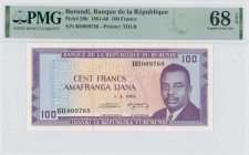 BURUNDI: 100 Francs (1.1.1981) in purple on multicolor unpt. Prince Rwagasore at right on face. S/N: "BH009768". Printed by TDLR. Inside holder by PMG...