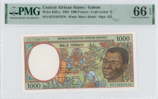 CENTRAL AFRICAN STATES / GABON: 1000 Francs (1993) in dark brown and red with black text on green and multicolor unpt. Young man at right, harvesting ...