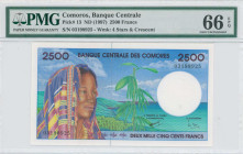 COMOROS: 2500 Francs (ND 1997) in purple and blue on multicolor unpt. Woman wearing colorful scraf at left on face. S/N: "03198925". WMK: Four stars &...