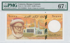 COMOROS: 10000 Francs (ND 1997) in yellow, brown and blue on multiclor unpt. Grand Moufti Al-Habib Said Omar Bin Soumeit at left on face. S/N: "015930...