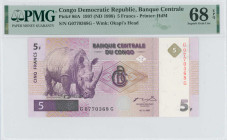 CONGO / DEMOCRATIC REPUBLIC: 5 Francs (1.11.1997 / 1998) in purple and black on multicolor unpt. White rhinoceros at left on face. S/N: "G 0770368G". ...