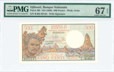 DJIBOUTI: 500 Francs (ND 1988) in multicolor. Man at left on face. S/N: "B.002 09123". WMK: Coat of arms. Signature title "LE GOUVERNEUR". Printed by ...