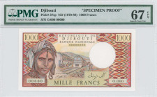 DJIBOUTI: Specimen proof of 1000 Francs (ND 1979-88) in brown and multicolor. Woman at left and people by diesel passenger trains at center on face. S...