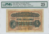 EAST AFRICA: 5 Shillings (1.6.1939) in blue-black on brown unpt. Portrait of King George VI at left on face. S/N: "R/3 28606". WMK: EACB. Printed by T...