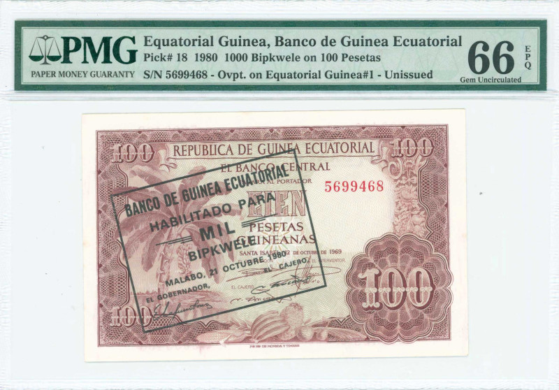 EQUATORIAL GUINEA: 1000 Bipkwele on 100 Pesetas (21.10.1980 / old date 12.10.196...