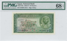 EGYPT: 25 Piastres (1957) in green. Tutankhamen facing at right on face. S/N: "544970 JI/51". Signature by Fekry. Inside holder by PMG "Superb Gem Unc...