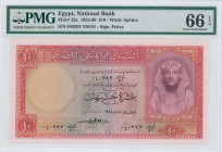 EGYPT: 10 Pounds (1958) in red and lilac. Tutankhamen facing at right on face. S/N: "040393 NM/51". WMK: Sphinx. Signature by Fekry. Inside holder by ...