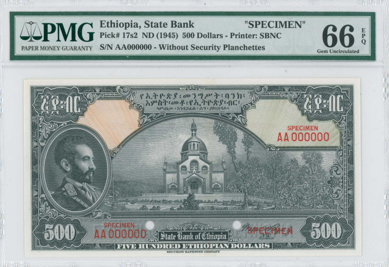 ETHIOPIA: Specimen of 500 Dollars (ND 1945) in black on yellow and olive unpt. H...