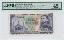 ETHIOPIA: 100 Dollars (ND 1961) in purple on multicolor unpt. The Trinity Churche at Addis Ababa at left and Emperor Haile Selassie at right on face. ...