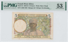 FRENCH WEST AFRICA: 5 Francs (27.4.1939) in multicolor. Man at center on face. S/N: "U.6581 959". WMK: Man head. Inside holder by PMG "About Uncircula...