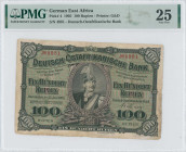 GERMAN EAST AFRICA: 100 Rupien (15.6.1905) in black on green unpt. Portrait of Kaiser Wilhelm II in cavalry uniform at center on face. Two S/Ns: "4981...