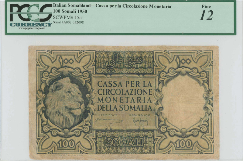 ITALIAN SOMALILAND: 100 Somali (1950) in violet and light brown. Lion head at le...