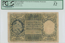 ITALIAN SOMALILAND: 100 Somali (1950) in violet and light brown. Lion head at left on face. S/N: "A002 052098". WMK: Lion head and wavy lines pattern ...
