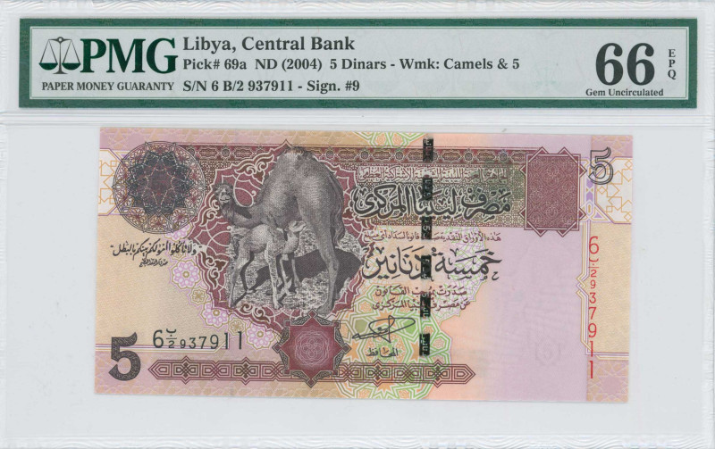 LIBYA: 5 Dinars (ND 2004) in black and violet on multicolor unpt. Camels at cent...