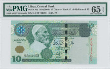 LIBYA: 10 Dinars (ND 2004) in multicolor. Omar el-Mukhtar at center on face. S/N: "6 A/40 762905". Signature #9. WMK: Omar al-Mukhtar & value "10". In...