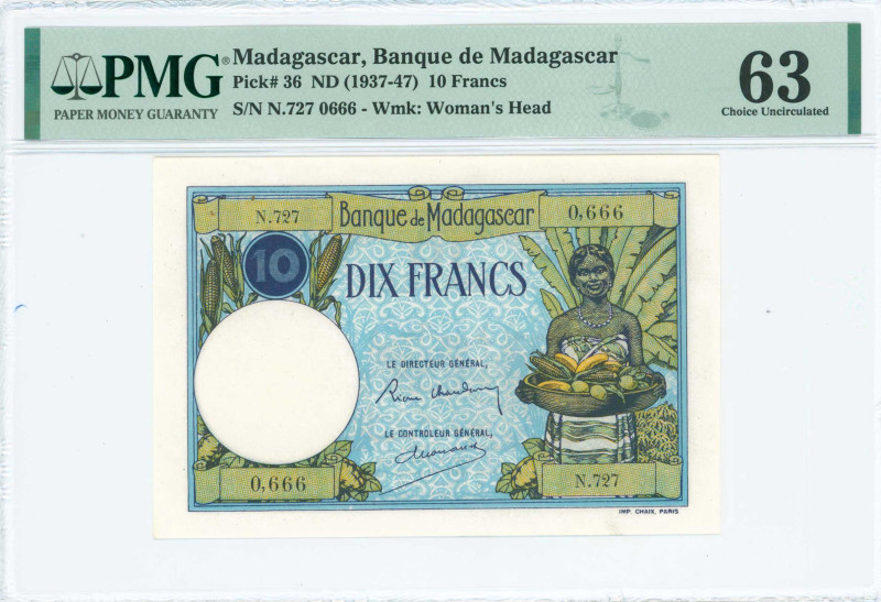 MADAGASCAR: 10 Francs (ND 1937) in green and blue. Woman with fruit at right on ...