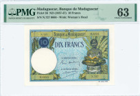 MADAGASCAR: 10 Francs (ND 1937) in green and blue. Woman with fruit at right on fac. S/N: "N.727 0666". WMK: Woman head. Signatures by Dejouany and Ch...