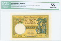 MADAGASCAR: 20 Francs (ND 1948) in yellow-brown. Personification of France and African woman with child at right. S/N: "T.874 0782". Printed by Imp Ch...