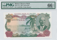 MALAWI: 20 Kwacha (1.7.1983) in green, brown-violet on multicolor unpt. Portrait of Dr Hastings Kamuzu Banda as President at right on face. S/N: "AA 2...