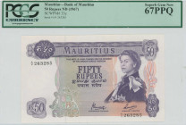 MAURITIUS: 50 Rupees (ND 1967) in purple on multicolor unpt. Portrait of Queen Elizabeth II at right on face. S/N: "A/4 263285". WMK: Dodo bird. Print...