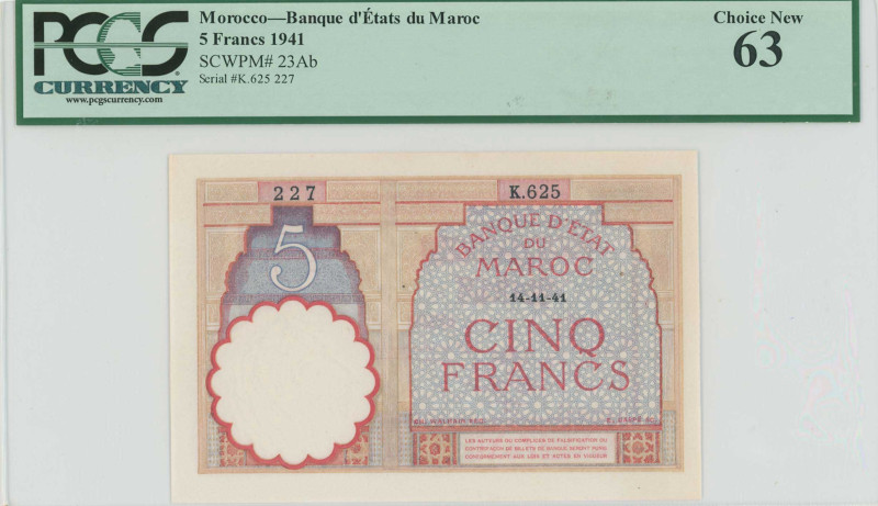MOROCCO: 5 Francs (14.11.1941) in red, blue and sepia. S/N: "K.625 227". Inside ...