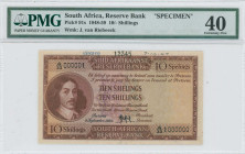 SOUTH AFRICA: Specimen of 10 Shillings (8.9.1950) in brown. Portrait of Jan van Riebeeck at left on face. S/N: "A/33 1000000". Perforin: "SPECIMEN". W...