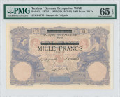 TUNISIA: 1000 Francs on 100 Francs (ND 1942-1943 / old date 16.5.1892) in violet, blue and brown. Woman seated at left and right on face. S/N: "S.4 77...