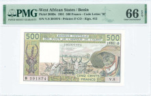 WEST AFRICAN STATES / BENIN: 500 Francs (1981) in pale olive-green and multicolor. Long-horn Zebu at center and man wearing hat at right on face. S/N:...