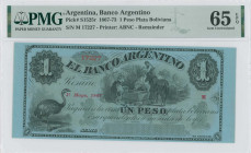 ARGENTINA: Remainder of 1 Plata Boliviana (1.5.1867) in black on blue. Farmers with horses at upper center-right on face. S/N: "M 17227". Printed by A...
