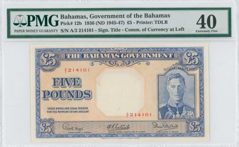 BAHAMAS: 5 Pounds (Law 1936 / ND 1947) in blue on orange unpt. King George VI at...