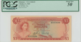 BAHAMAS: 3 Dollars (Law 1965 / ND 1966) in red on multicolor unpt. Queen Elizabeth II at left on face. S/N: "A 327839". WMK: Shellfish. Printed by (TD...