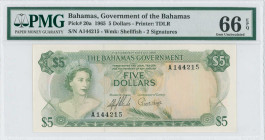 BAHAMAS: 5 Dollars (Law 1965 / ND 1966) in green on multicolor unpt. Queen Elizabeth II at left on face. S/N: "A 144215". WMK: Shellfish. Signatures b...