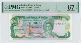 BELIZE: 1 Dollar (1.7.1983) in green on multicolor unpt. Wreath border on arms in upper left corner, Queen Elizabeth II at center right, underwater sc...