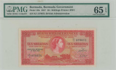 BERMUDA: 10 Shillings (1.5.1957) in red on multicolor. Portrait of Queen Elizabeth II at upper center and Gate Fort in St George at bottom center on f...